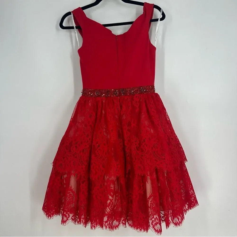 SHERRI HILL Red Lace V-neck with Beaded Waist Sz 4